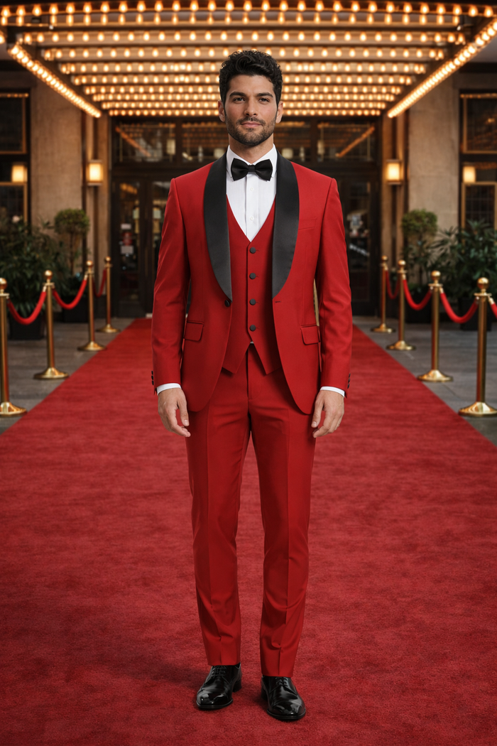 Black and Red Suit Men's Stacy Adams Vested One Button Shawl Lapel Designer Tuxedo in Red