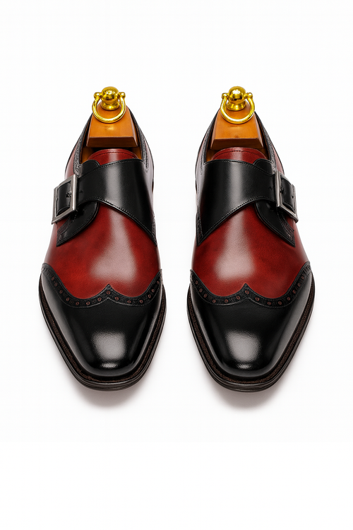 Mens Leather Wingtip Monk Strap Dress Shoe in Brown & Navy