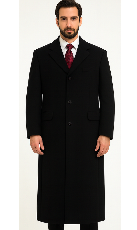 Black Cashmere Chesterfield Overcoat 1920s Full Length Topcoat