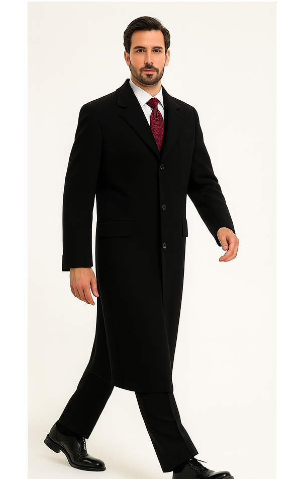 Black Cashmere Chesterfield Overcoat 1920s Full Length Topcoat