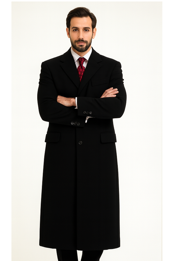 Black Cashmere Chesterfield Overcoat 1920s Full Length Topcoat