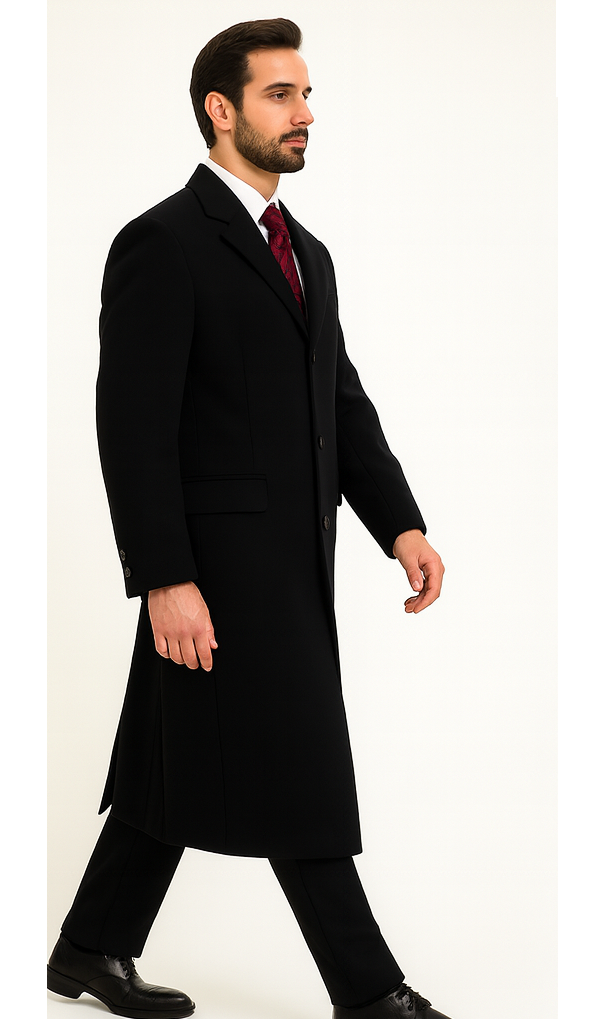 Black Cashmere Chesterfield Overcoat 1920s Full Length Topcoat
