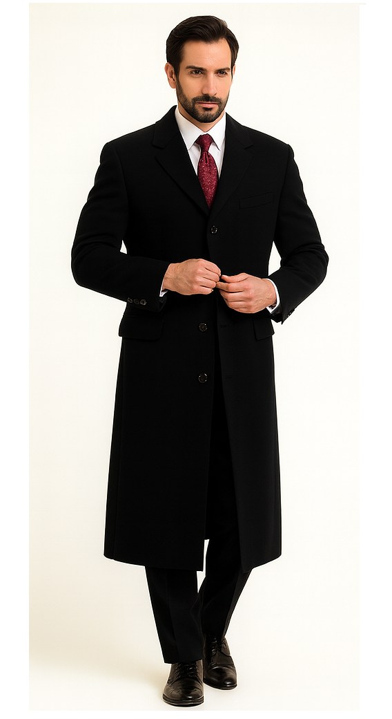 Black Cashmere Chesterfield Overcoat 1920s Full Length Topcoat