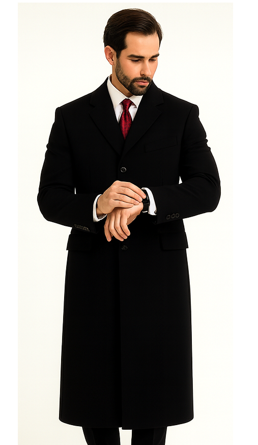 Black Cashmere Chesterfield Overcoat 1920s Full Length Topcoat
