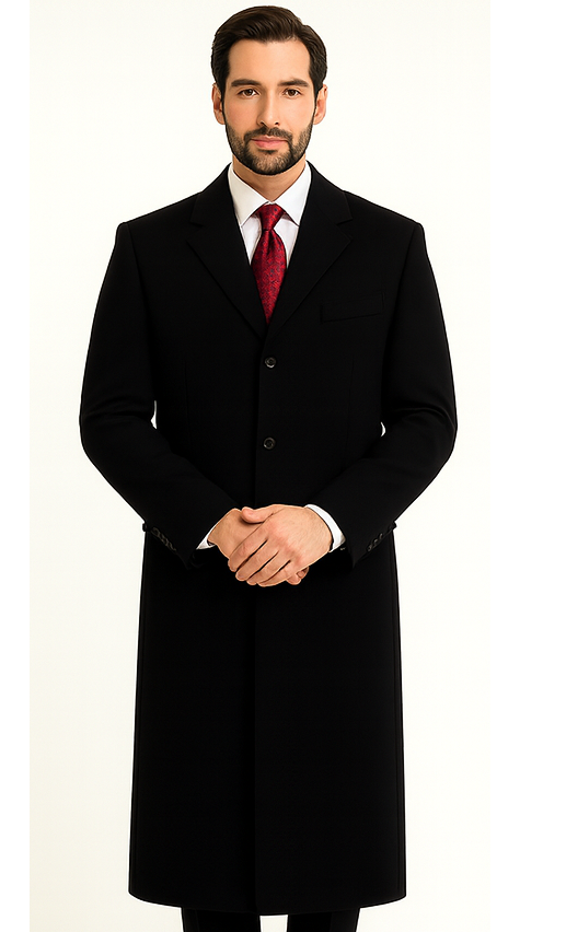 Black Cashmere Chesterfield Overcoat 1920s Full Length Topcoat