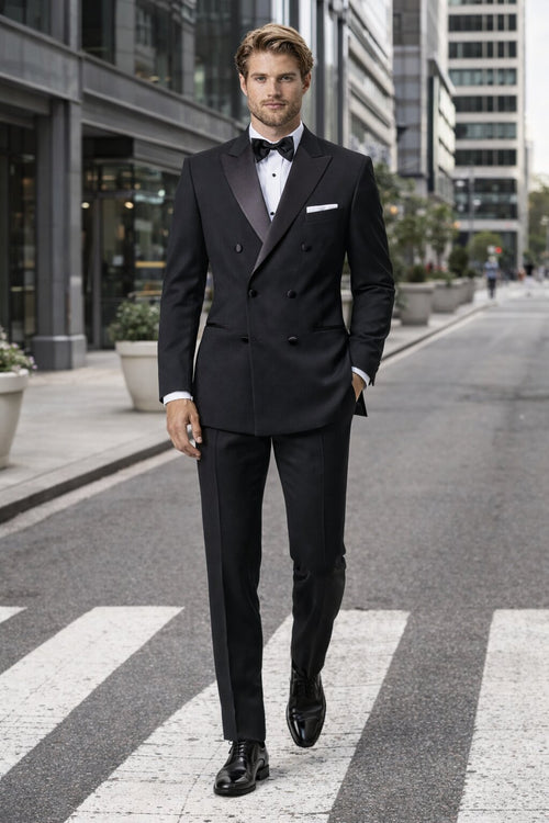 Men’s Designer Double Breasted Tuxedo in Black – Luxury Formal Suit