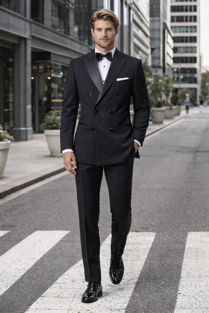 Men’s Designer Double Breasted Tuxedo in Black – Luxury Formal Suit