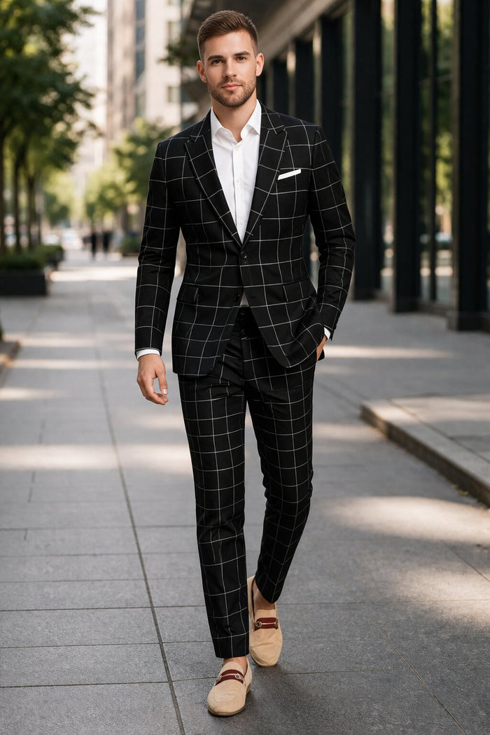 Bold Gangster Plaid Suit - 1920s Mens Fashion Window Pane Suit - Black