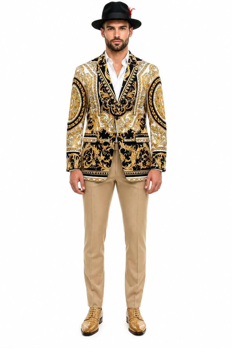 Mens Black and Gold Baroque Blazer with Matching Pants, Hat, and Shoes - Luxury Party and Wedding Outfit Set