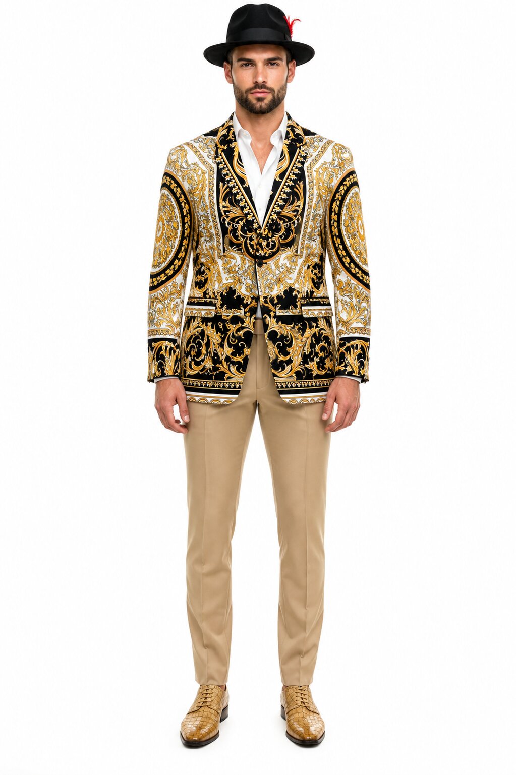 Mens Black and Gold Baroque Blazer with Matching Pants, Hat, and Shoes - Luxury Party and Wedding Outfit Set