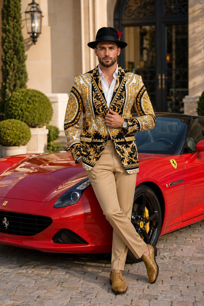 Mens Black and Gold Baroque Blazer with Matching Pants, Hat, and Shoes - Luxury Party and Wedding Outfit Set