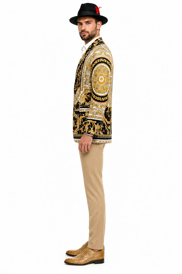 Mens Black and Gold Baroque Blazer with Matching Pants, Hat, and Shoes - Luxury Party and Wedding Outfit Set