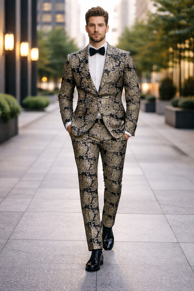 Gold Tuxedos - Paisley Suits - Prom 2026 Suits - Wedding Tuxedos Suits - Groom Suit Black