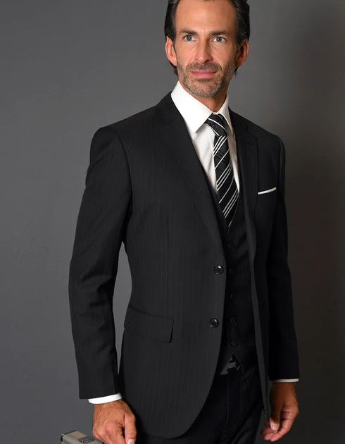 Black Mens 2 Button Vested Modern Fit Wool Suit in Black Pinstripe - AlbertoNardoniStore