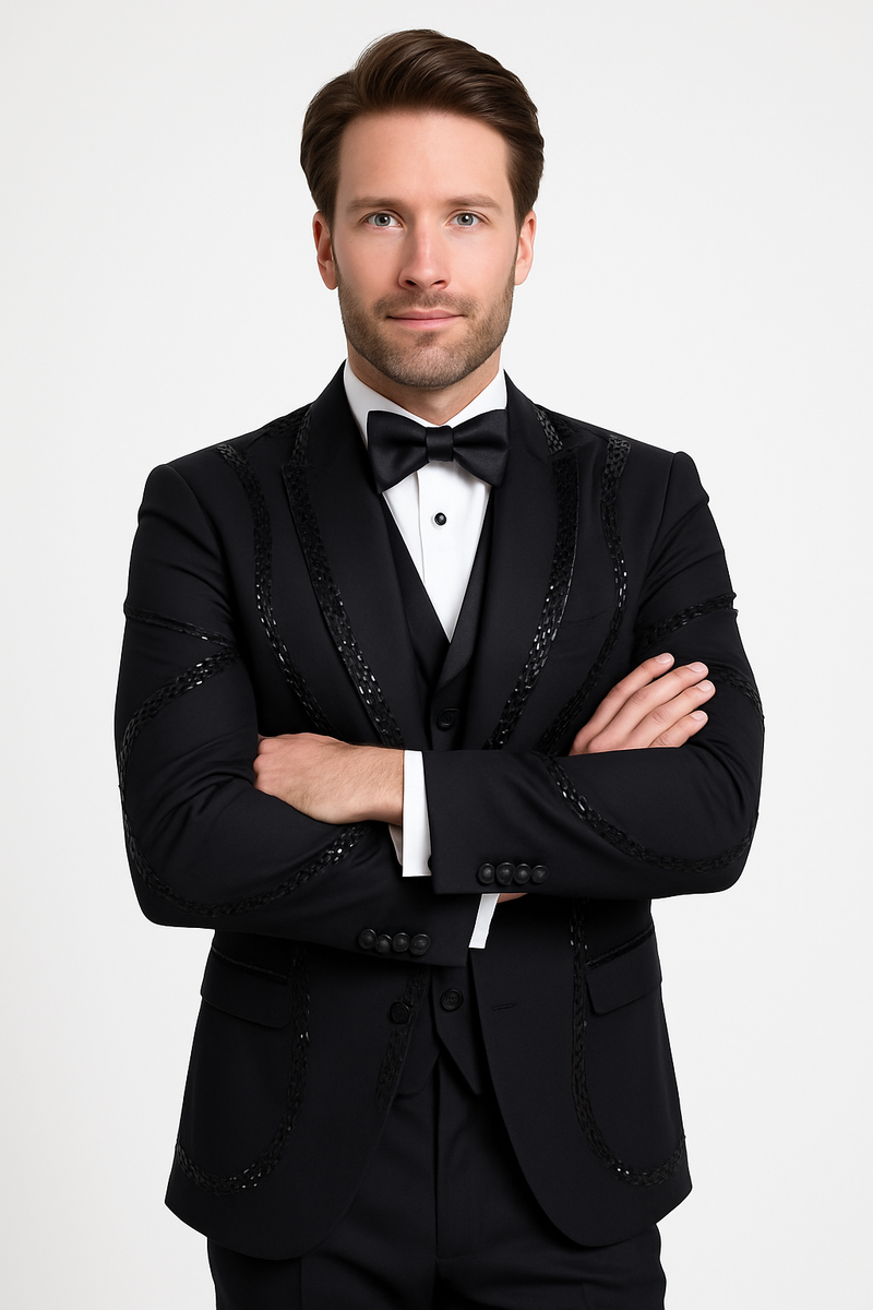 Modern fit, black Italian wool 3-piece tuxedo. Features shawl collar jacket with black trim, matching trousers, and waistcoat. A stylish, sophisticated choice.