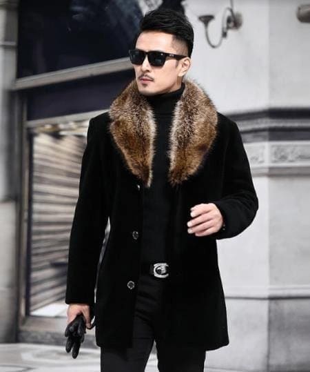 Men Black Overcoat with Golden Fur