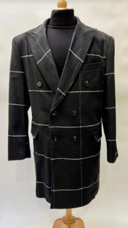 Black Plaid Overcoat - Wool Topcoat With WindowPane Pattern Double Breasted Style - AlbertoNardoniStore