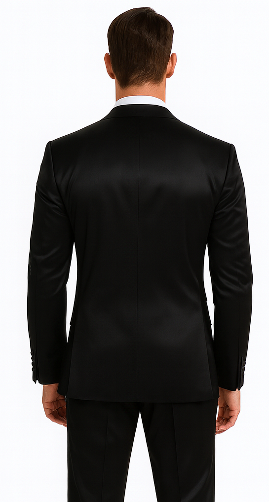 Men's black satin Tazzio 3-piece suit. Skinny fit with double-breasted vest and peak lapel. Sleek tailored silhouette.