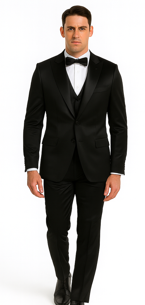 Men's Tazzio black satin 3-piece suit. Skinny fit with peak lapel jacket, double-breasted vest, and slim trousers. Smooth, glossy black fabric.