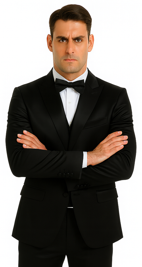 Men's black satin three-piece skinny suit. Peak lapel, double-breasted vest. Tailored jacket with structured shoulders and smooth lines for a sharp, modern fit.
