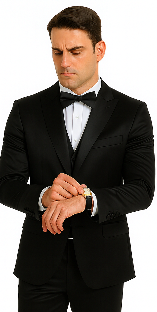 Men's black satin skinny fit three-piece suit. Peak lapel, double-breasted vest. Smooth, shiny fabric. Fitted silhouette. Solid black color. Cohesive design.
