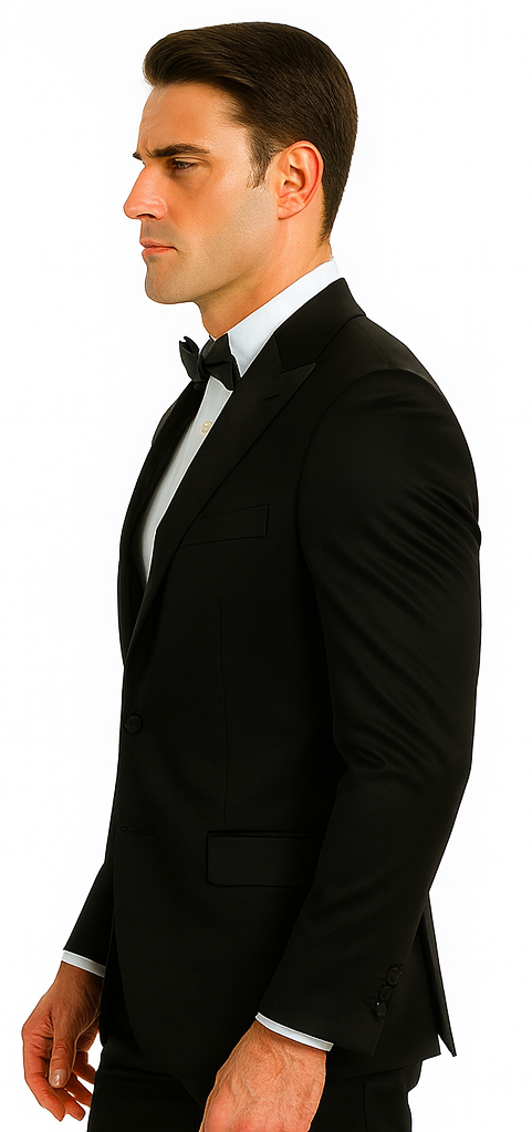 Men's Tazzio black satin 3-piece suit. Skinny fit, peak lapel, double-breasted vest. Smooth silhouette, sharp lines.