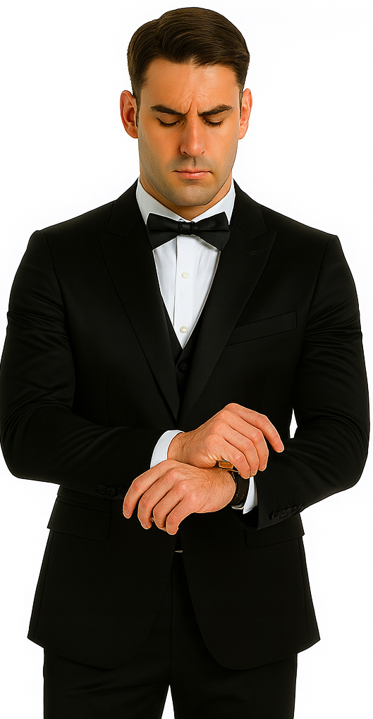Men's black Tazzio 3-piece suit: skinny fit, satin fabric. Features peak lapel, double-breasted vest, and fitted trousers. Sleek, tailored lines for a modern look.