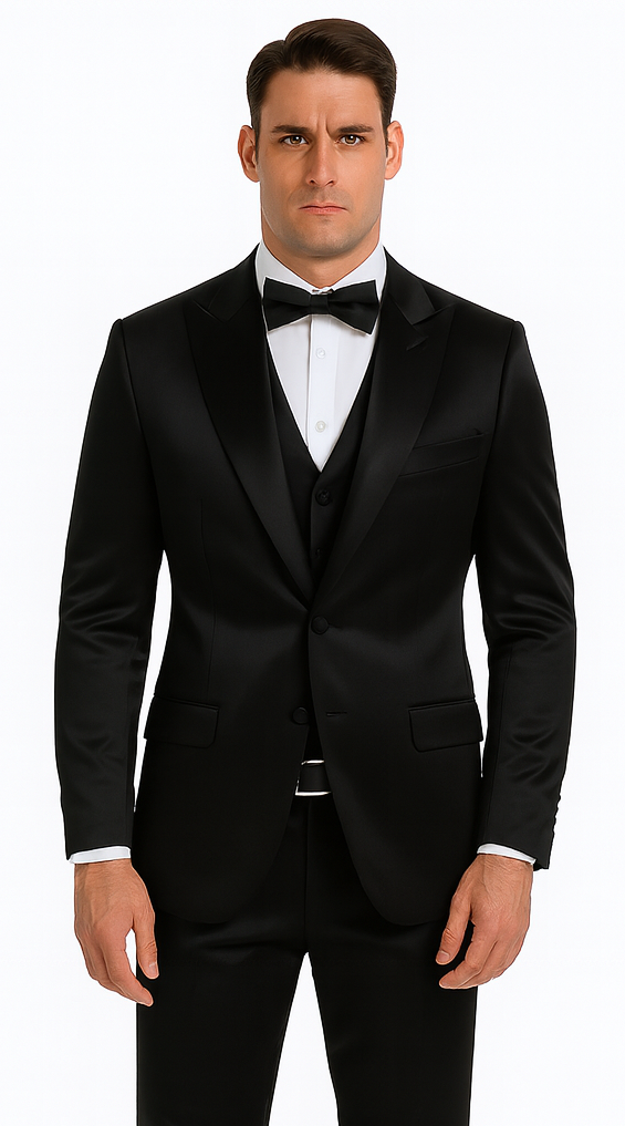 Men's black Tazzio 3-piece suit in a skinny fit. Features a peak lapel, double-breasted vest, and tailored jacket. Smooth satin finish, designed for a fitted, structured silhouette.