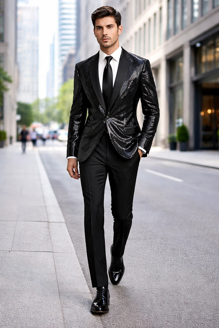 Black Sequin Shawl Tuxedo Blazer
