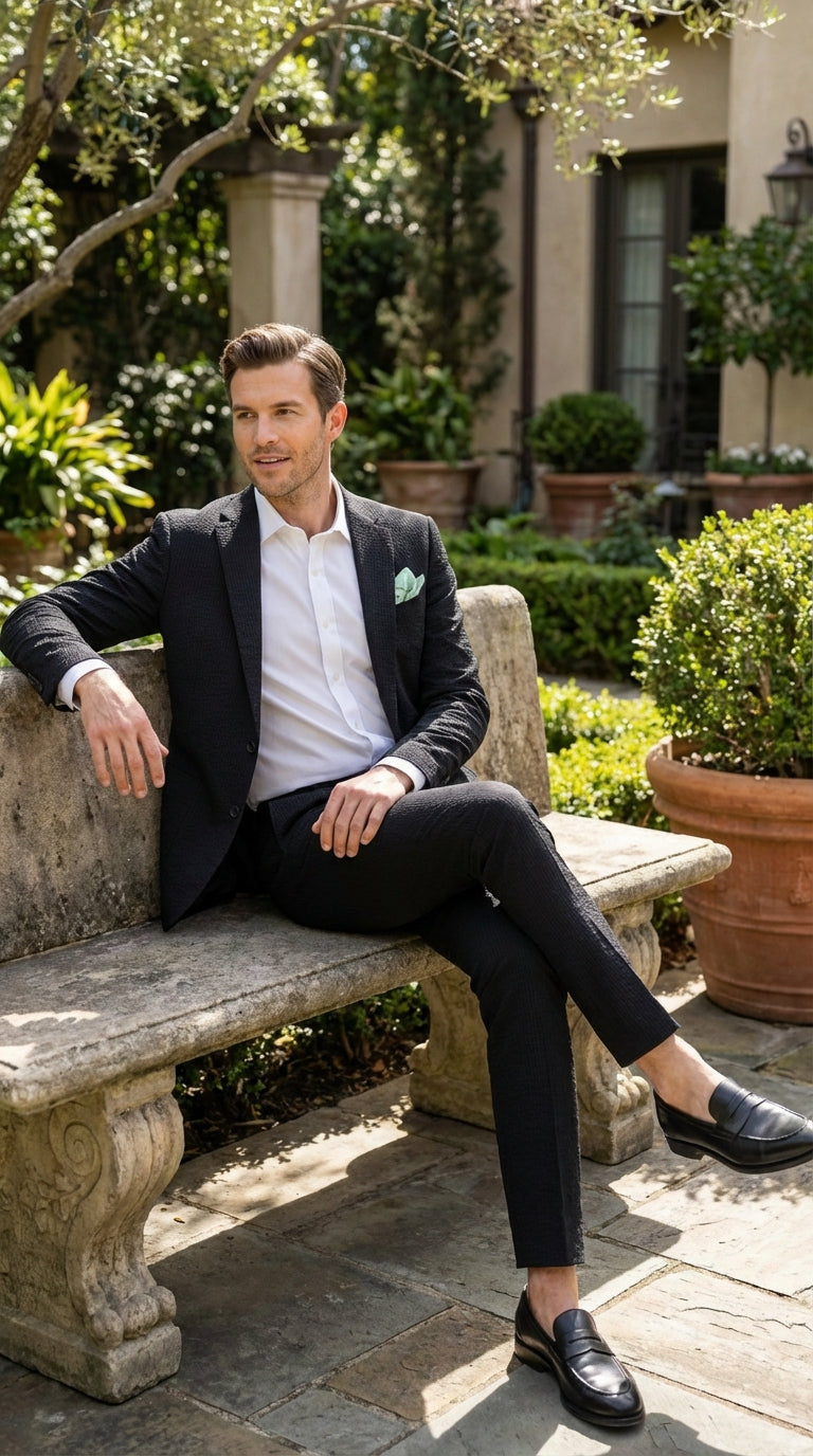 Mens Black Seersucker Suit – Shadow Ton on Ton Mini Textured Two Button Cotton Fabric Formal Summer Suit