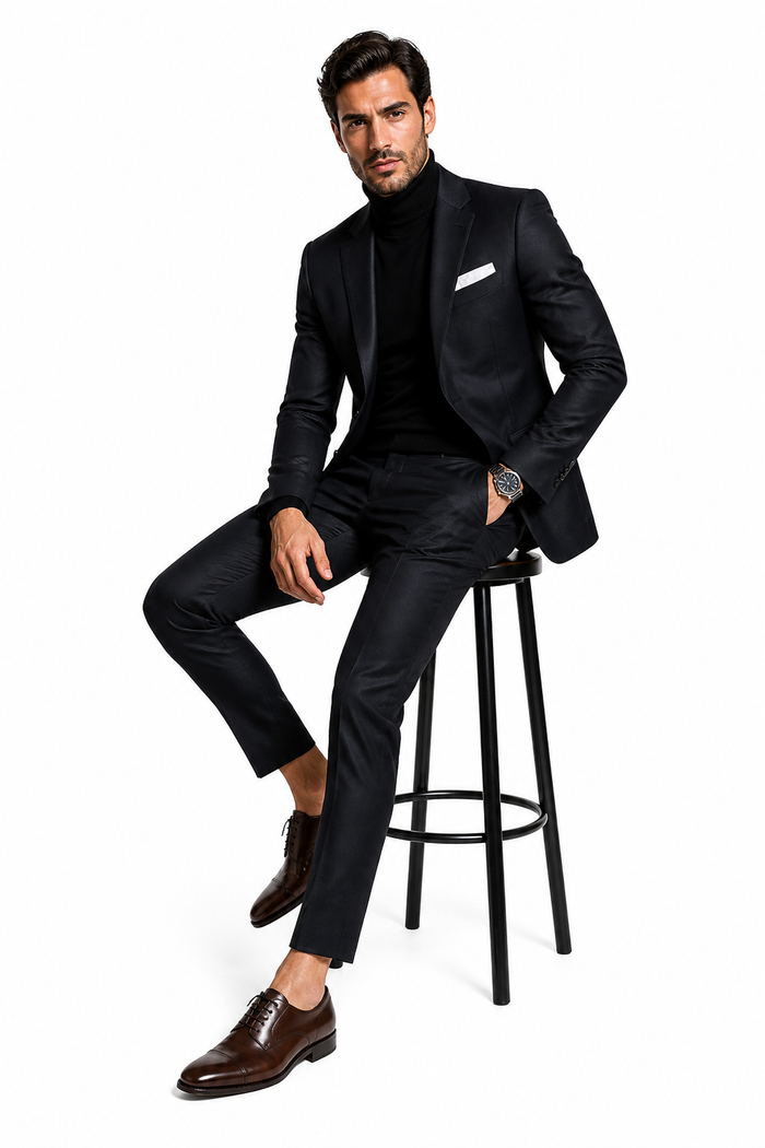 Suit And Turtleneck Combo - Turtleneck Prom Outfits - Prom Turtleneck  Black Suit