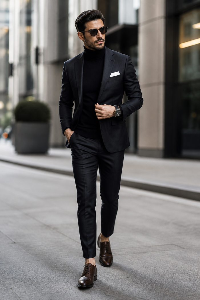 Suit And Turtleneck Combo - Turtleneck Prom Outfits - Prom Turtleneck  Black Suit