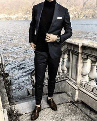 Prom-ready men’s navy tuxedo with turtleneck