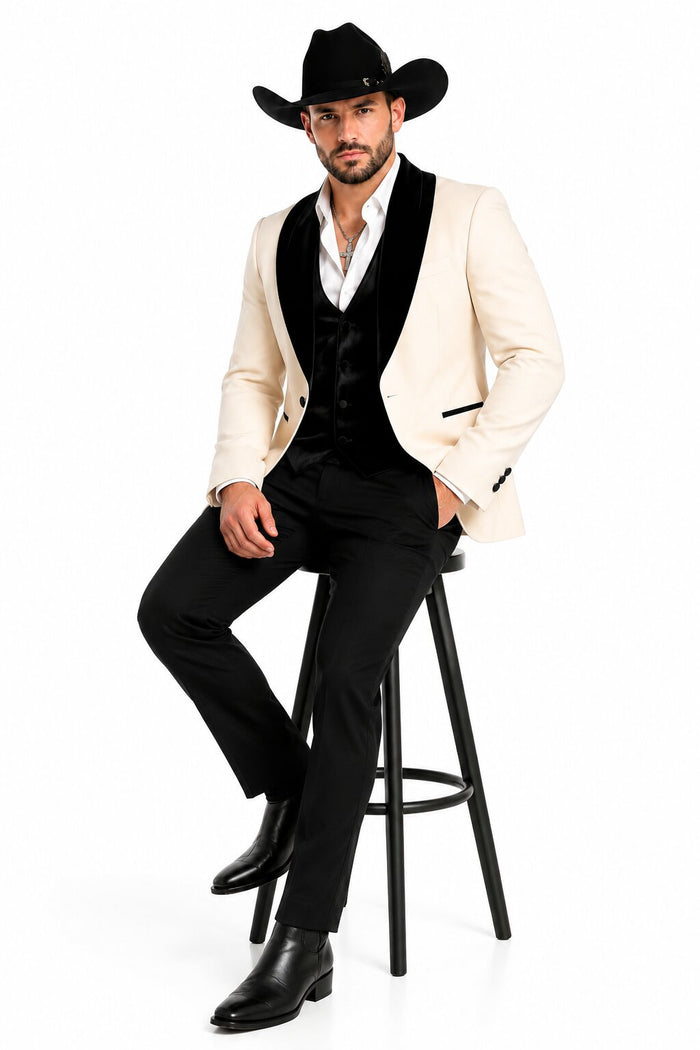 Mens Western Tuxedo Suit – Cream Cowboy Blazer with Black Velvet Vest and Satin Shawl Lapel
