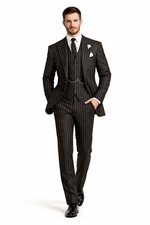 Gangster Suit - Mobster Suit - Mafia Suit For Men 2 button Gangster Pinstripe Suit in Black & White