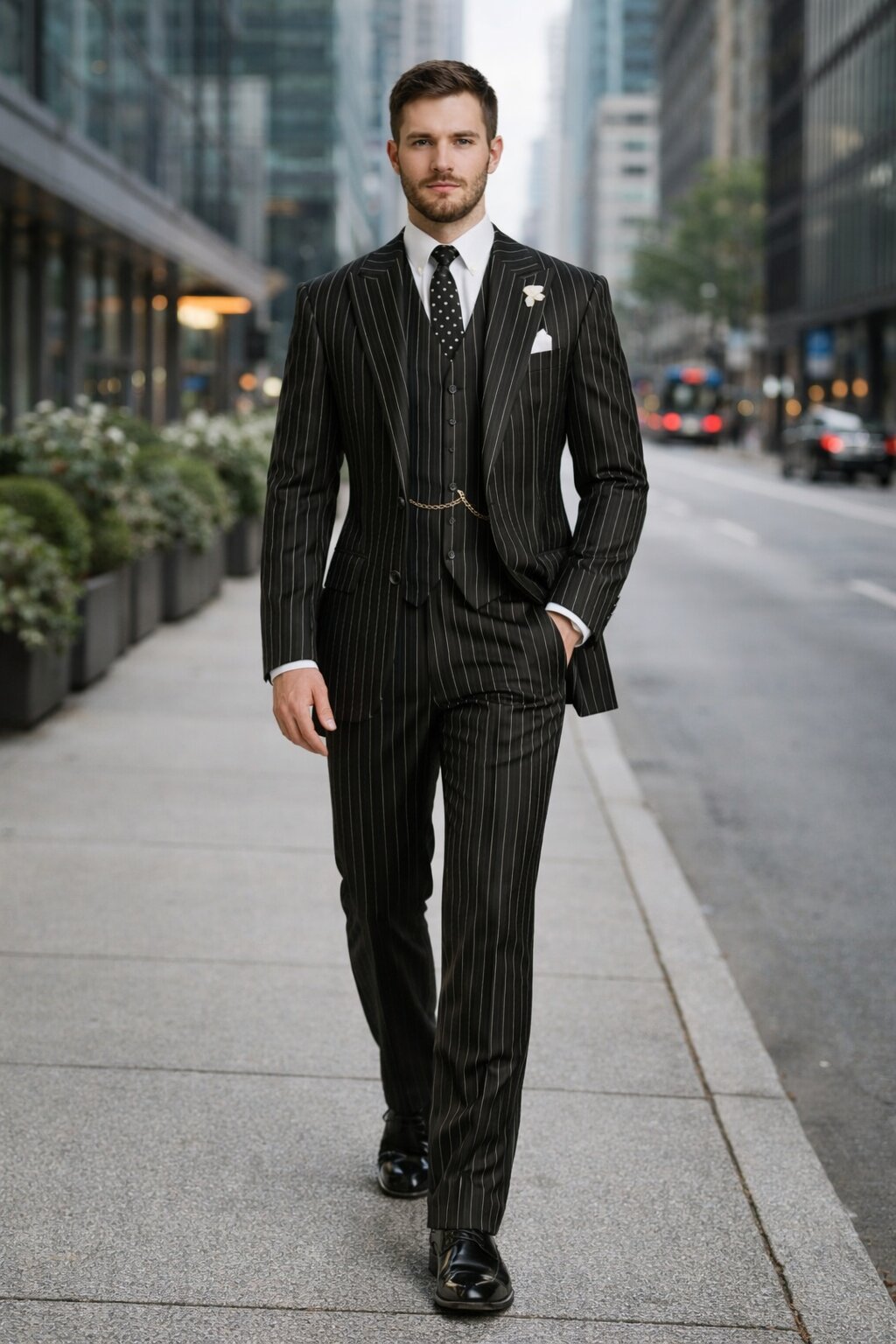 Gangster Suit - Mobster Suit - Mafia Suit For Men 2 button Gangster Pinstripe Suit in Black & White