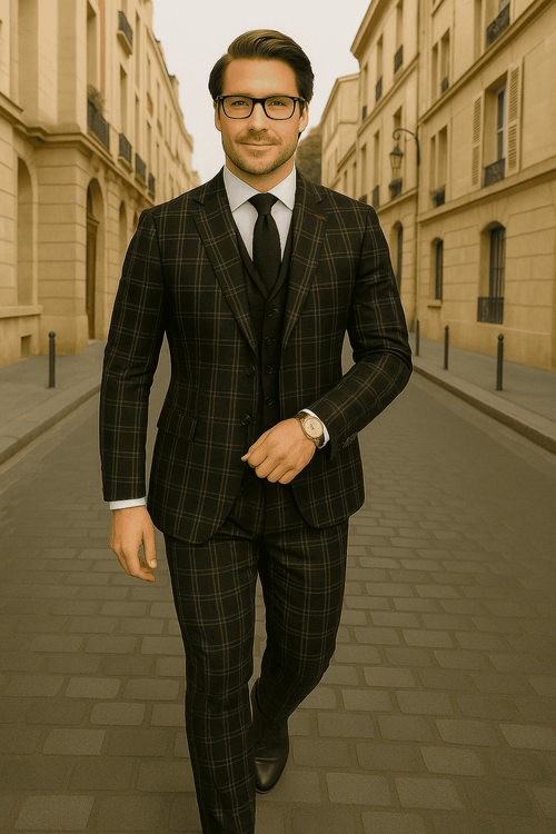 Wool Suit - Italian Made Business Suit by Statement Men's 3 Piece 100% Wool Modern Fit Suit - Plaid Pattern