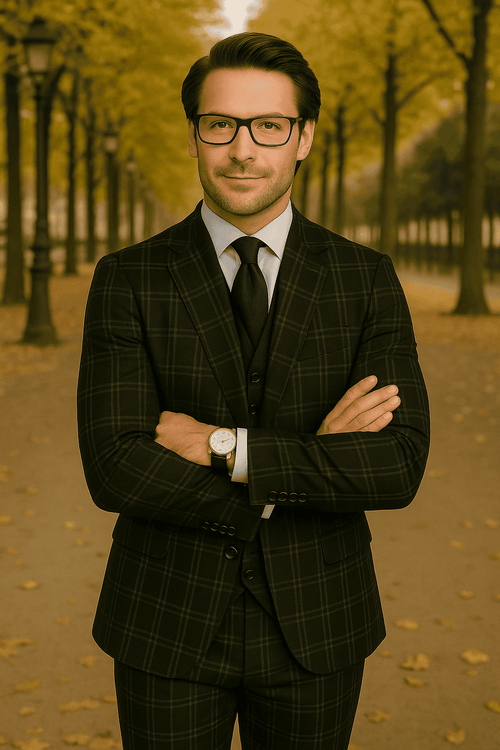 Wool Suit - Italian Made Business Suit by Statement Men's 3 Piece 100% Wool Modern Fit Suit - Plaid Pattern