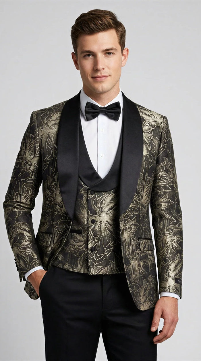 Men's Black & Gold Floral Shawl Lapel Tuxedo Set for Wedding & Prom