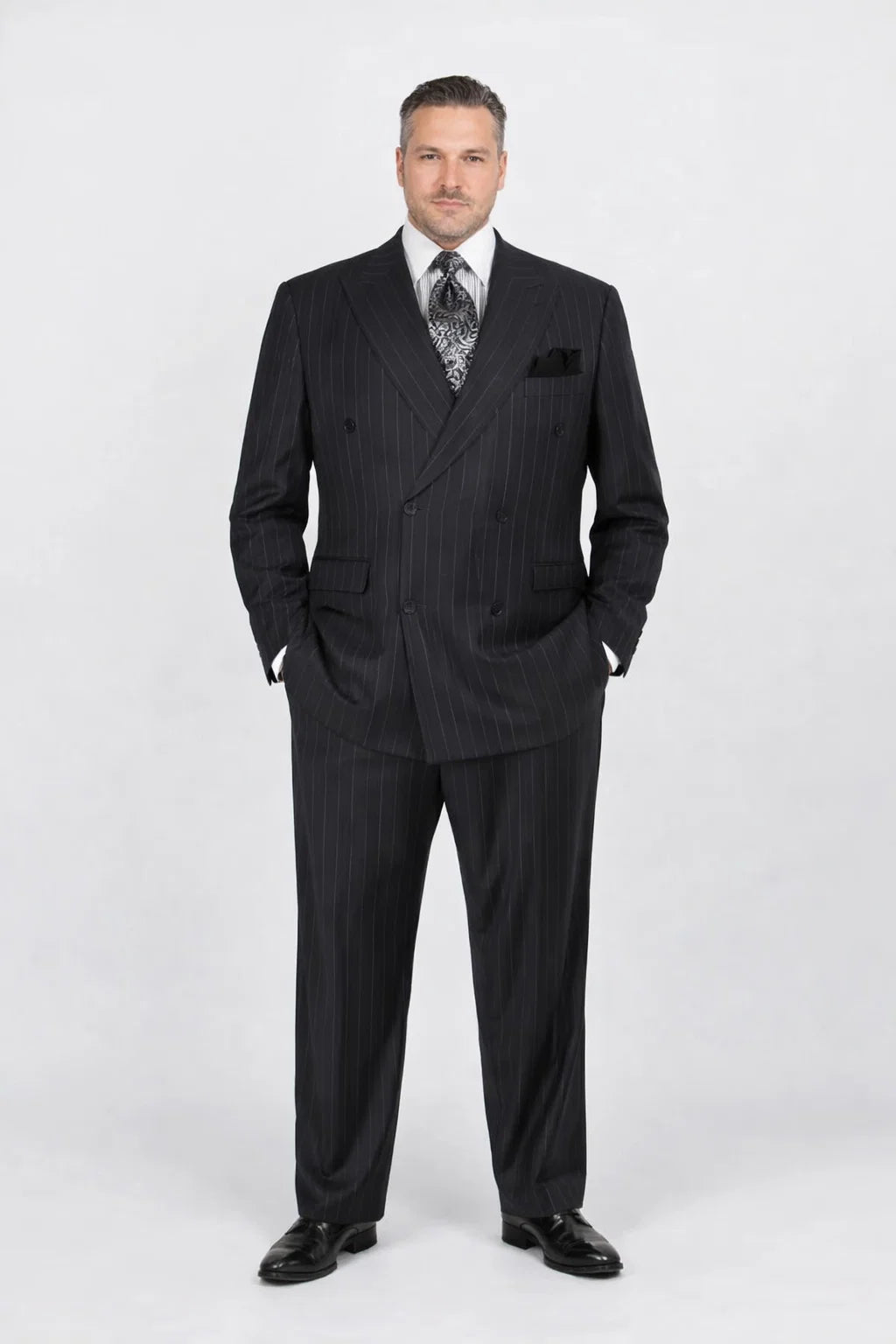 black stripe double breasted suit