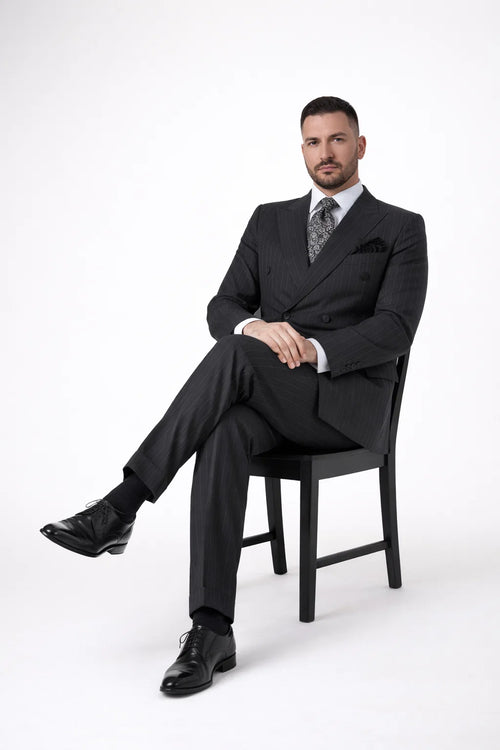 black stripe double breasted suit