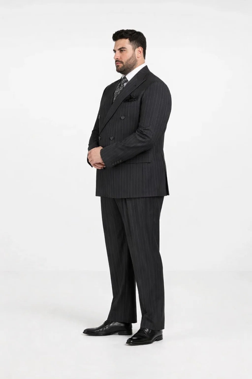 black stripe double breasted suit