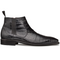 Black Mezlan Blackmore boots: ankle-high, pointed toe, shiny black crocodile leather. Textured pattern, elastic sides for easy wear, sturdy black sole with a heel.
