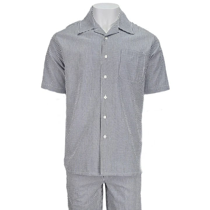 Black seersucker 2-piece set by Alberto Nardoni. Includes short-sleeve button-down shirt with chest pocket & collar + matching shorts with elastic waistband. Black & white striped pattern.