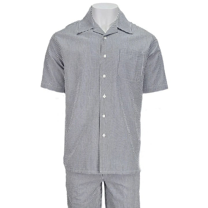 Black seersucker 2-piece set by Alberto Nardoni. Includes short-sleeve button-down shirt with chest pocket & collar + matching shorts with elastic waistband. Black & white striped pattern.