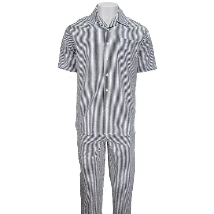 Black & white striped seersucker set by Alberto Nardoni. Short-sleeve shirt with pointed collar & pocket, plus elastic-waist pants. Textured, puckered fabric, loose fit. 2-piece set.