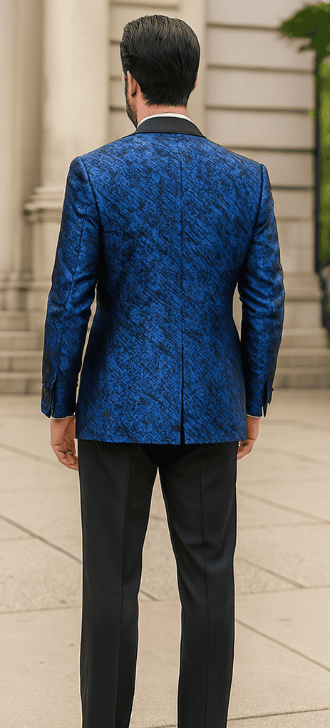 Blue double-breasted jacket with rough streak pattern and satin finish. Peak lapel, tailored fit, structured shoulders, and long sleeves.
