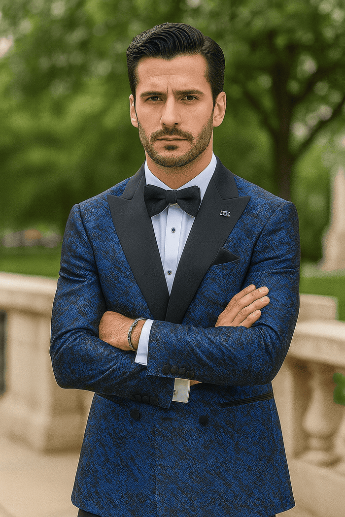 Blue double-breasted jacket with rough streak pattern, satin peak lapels, and structured form. Visible buttons and a left-side pocket complete the design.
