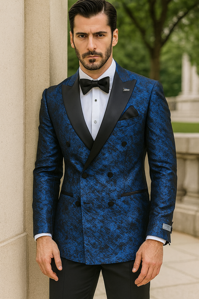 Blue double-breasted jacket with rough streak pattern and satin peak lapels. Structured fit with four buttons, two pockets. Glossy, textured fabric. Tailored sleeves with single-button cuffs.
