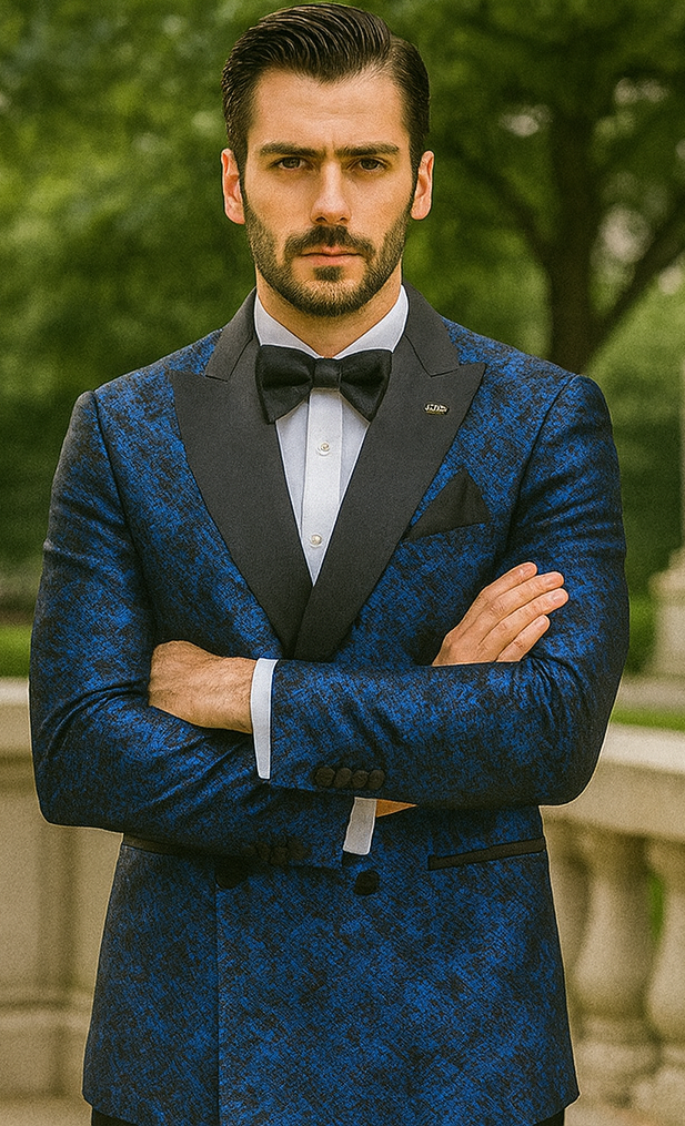 Blue double-breasted jacket with rough streak pattern and satin fabric. Peak lapel design with black lapel & button accents.
